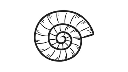 Minimalist black line vector illustration of an ammonite fossil shell. This hand-drawn spiral nautilus outline icon is perfect for paleontology, marine biology, science, and nature designs. © Akia