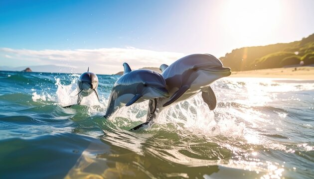 Playful dolphins leap and frolic in gentle ocean waves near a sun-drenched beach, showcasing natural marine wonder.