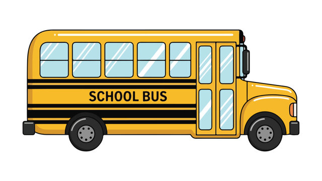 A yellow school bus with black stripes isolated on white background