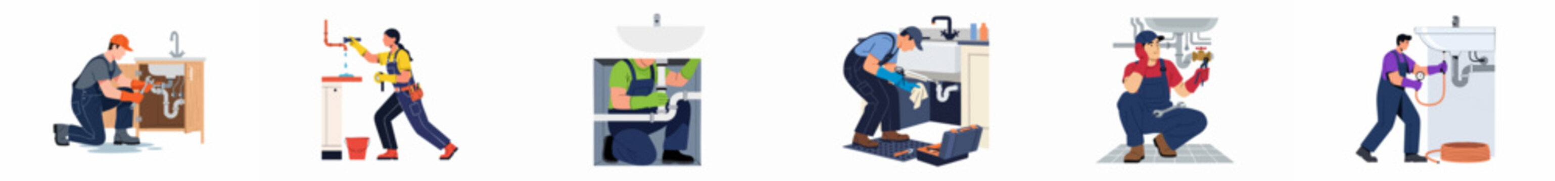 Collection of professional plumbers repairing sinks, fixing leaks, and maintaining pipes in various home kitchen and bathroom settings.