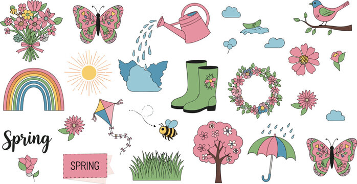 Spring Season Elements Vector Set Featuring Flowers Butterfly Rainbow Umbrella Birds and Garden Icons