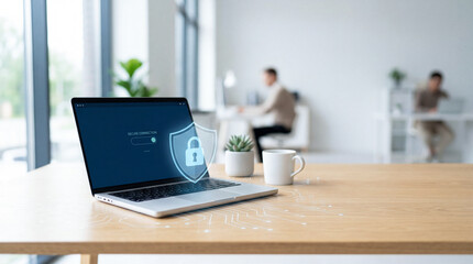 Naklejka premium Laptop on a desk shows a secure connection interface with a digital shield and lock symbol representing cybersecurity and data protection in a modern office workspace.