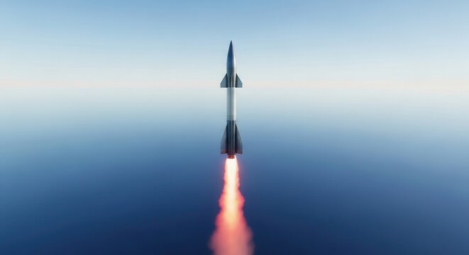 Powerful missile launch against a clear blue horizon, symbolizing strength and innovation in