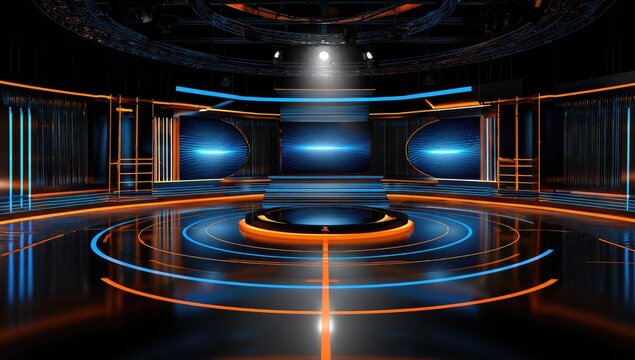 A futuristic television studio set is illuminated with vibrant blue and orange lighting, creating a dynamic and modern atmosphere.