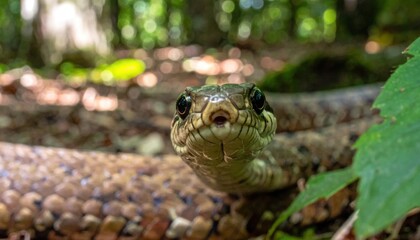 Fototapeta premium Close up of a snake in a natural habitat with green foliage