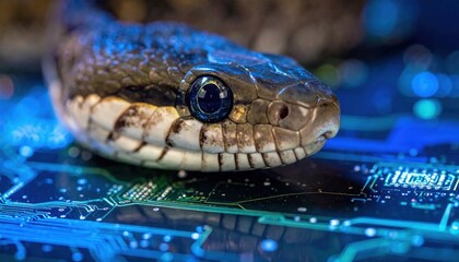 Fototapeta premium Close up of a snake on a circuit board background with vibrant blue lighting