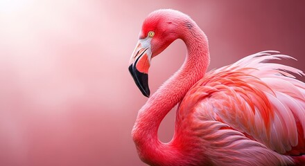 Naklejka premium Pink flamingo profile with soft pink bokeh background during sunset