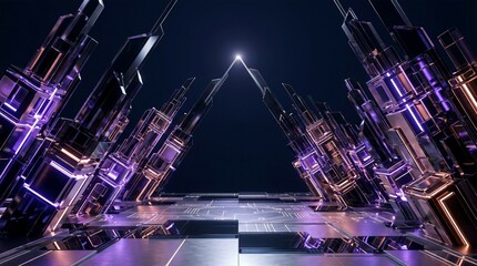 Fototapeta premium Futuristic crystalline towers glowing with purple and orange light against a dark background with a triangle shape formation