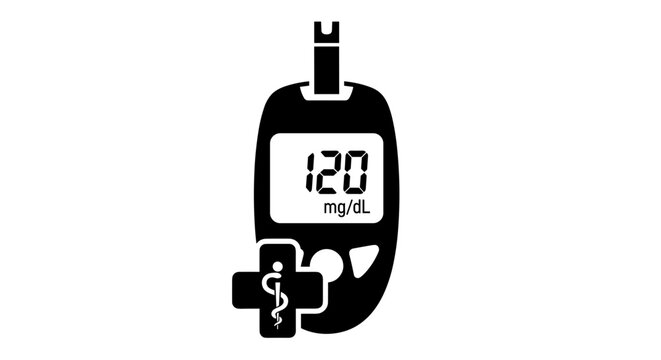 Black and white illustration of a digital blood sugar meter displaying 120 mgdL, symbolizing diabetes management with medical cross icon