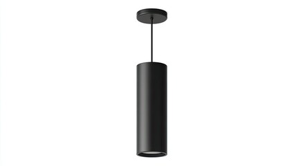 Obraz premium A sleek, black cylindrical pendant light hangs against a plain white background.
