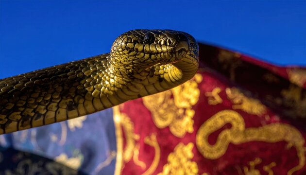 Close up of a snake with detailed scales against a bright blue sky backdrop