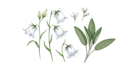 Fototapeta premium Watercolor white bellflowers and sage leaves isolated on white, botanical floral illustration