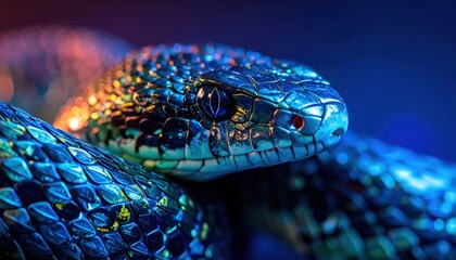 Fototapeta premium Close up of a snake with vibrant blue and orange hues against dark background