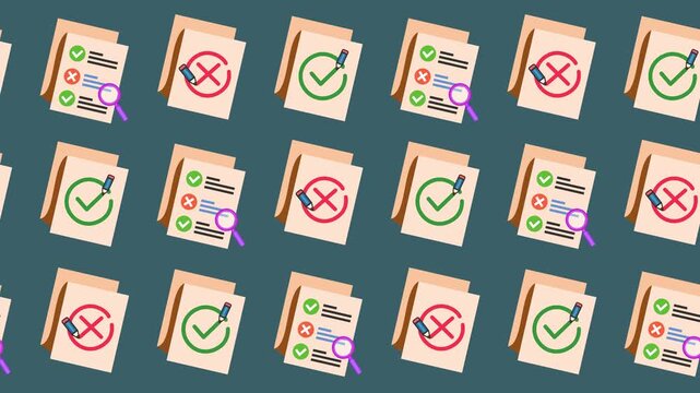 Seamless pattern of business document audit and verification icons in a background animation. Minimalist administrative data validation wallpaper with a checklist report sign. Seamless looping.