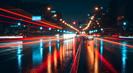 Fototapeta premium Nighttime city street with light trails from moving vehicles reflecting on wet asphalt after rain