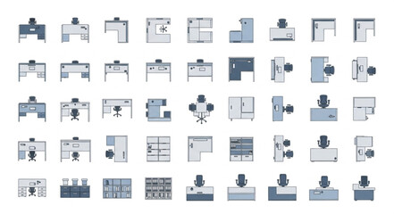 Naklejka premium Collection of modern office furniture and workspace icons.