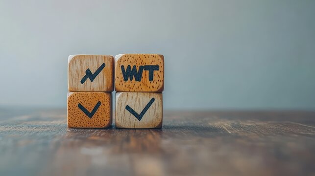 Four wooden cubes on a table showing an upward arrow, two checkmarks and a bold three-letter abbreviation, conveying mixed confidence and bewilderment