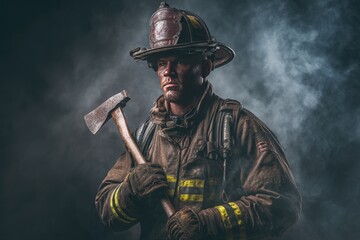 Fototapeta premium Stoic firefighter in protective gear, holding axe amidst smoky haze