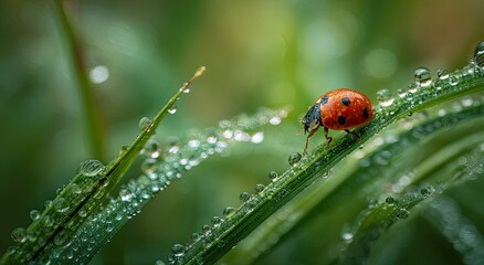 Obraz premium Tiny red beetle with black spots navigates glistening dewdrops on green grass