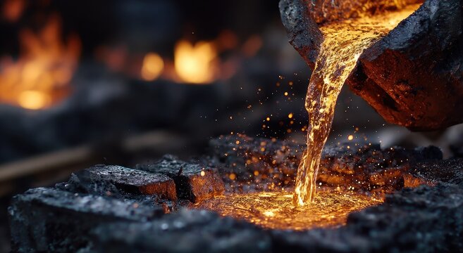 Molten orange liquid pours from a rough black container onto dark, glowing material