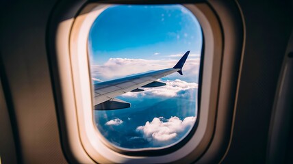 Naklejka premium Airplane wing seen through window above clouds travel aviation concept 