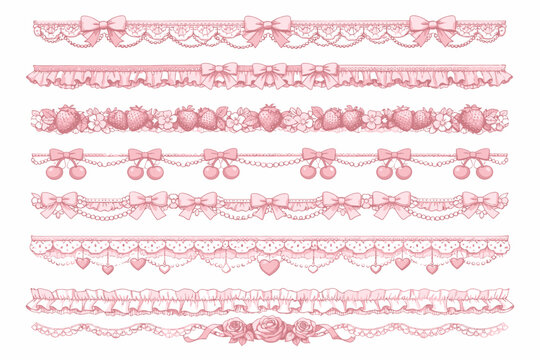 Vintage coquette lace dividers set. Hand drawn pink elegant ribbon, bow, strawberry, cherry, cloth ruffle, frill seamless borders. Cute ornament girly vector decor