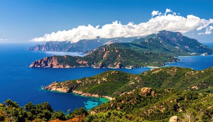 Obraz premium Coastal mountain landscape with blue ocean and clear sky day scene