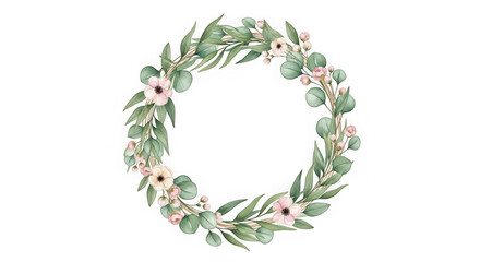 Obraz premium A circular wreath composed of delicate watercolor green leaves and soft pink flower blossoms
