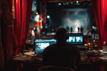 Obraz premium A lone audio engineer intently monitors a live performance on a laptop within a dimly lit theater, surrounded by the rich textures of red velvet curtains and stage equipment.