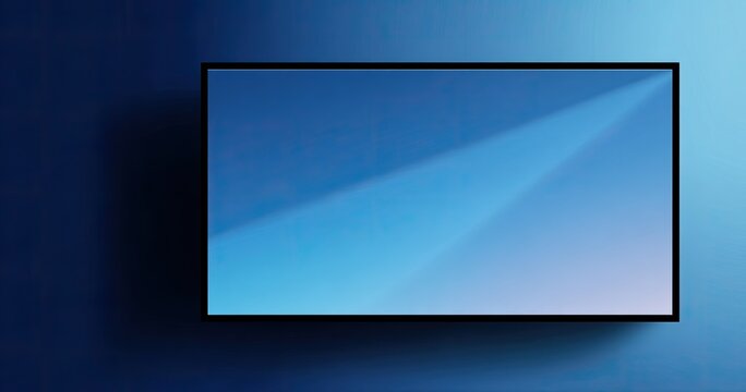 A sleek, modern television screen displays a gradient of blue hues against a darker blue wall.