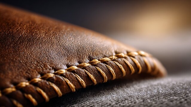 Macro close-up of a neat yellow saddle stitch on a high-quality brown leather product with soft bokeh background