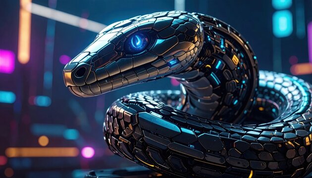 Futuristic cybernetic snake creature close up neon lights concept art