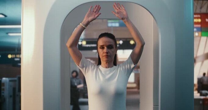 Female Traveler Maintaining Posture With Raised Hands Inside Security Scanning Booth With Calm Expression. Routine Compliance With Strict Aviation Security Regulations Define Modern Travel Experience.