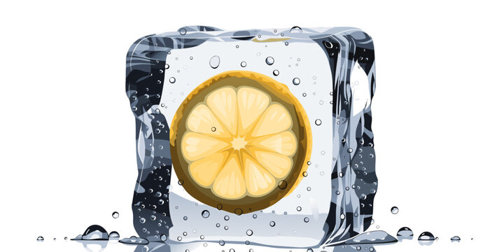 Lemon slice frozen inside a realistic ice cube with water droplets and bubbles food and drink vitamin c white background refreshment hydration beverage drink concept vitamin c quenching