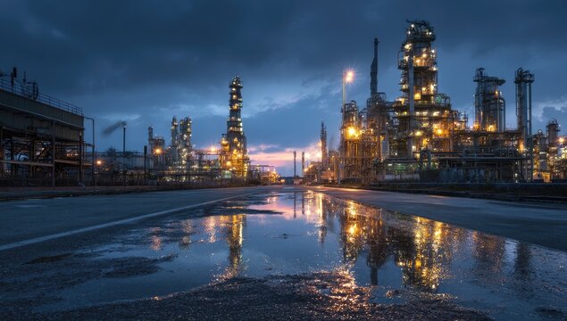 An illuminated oil refinery complex dominates the landscape under a dramatic twilight sky.