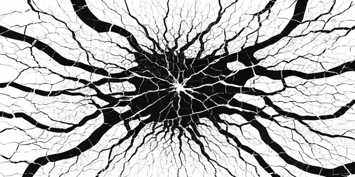 Abstract background of radial shattered glass pattern in black and white with shattered fracture abstract monochrome explosion destructive artistic backdrop geometry structure fragment