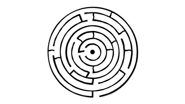 Minimalist circular labyrinth maze vector icon illustration featuring a hand-drawn black line outline on a clean white background. Scalable graphic representing strategy, challenge, and complexity.