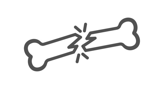 Simple line illustration of a fractured bone with radiating lines indicating damage, set against a white background, emphasizing medical imagery, ray