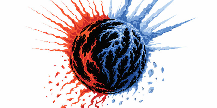 Exploding planet sphere with heat and cold energy bursts abstract background graphic design digital art explosion contrast abstract elemental outburst destructive creation opposition
