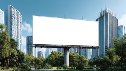 Obraz premium Large, blank billboard stands amidst city skyscrapers and lush green trees