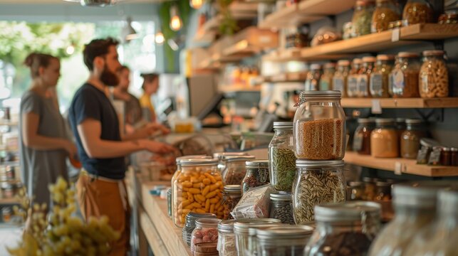 A scene of people at a zero-waste store featuring bulk goods and reusable containers Highlight the move towards reducing plastic waste and supporting eco-friendly shopping