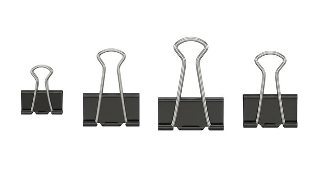 Collection of four black binder clips of different sizes, standing in a row, isolated on transparent background.