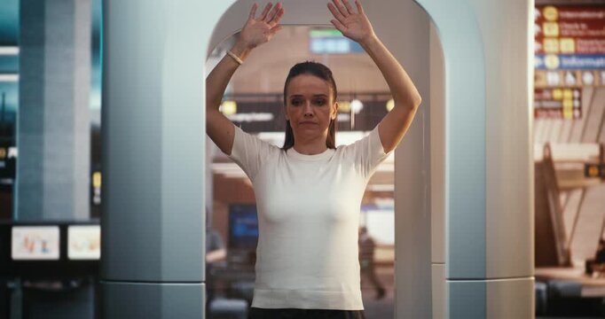 Female Passenger Undergoing Full Body Electronic Search, Standing in Scanner With Arms Up. Sleek Design of Modern Security Equipment and Thorough Nature of Pre Flight Inspections in Transport Hubs.