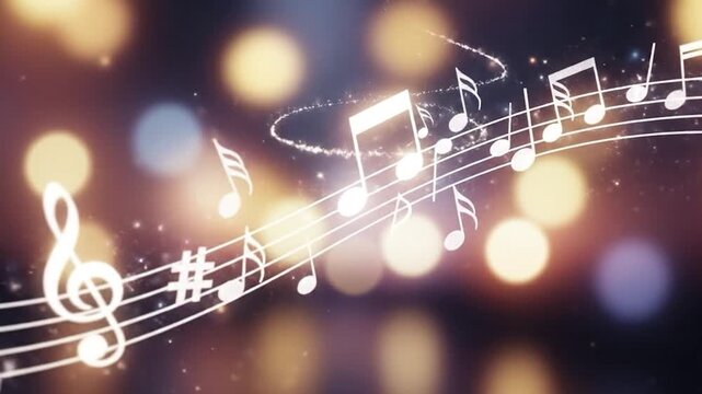 Glowing music notes on blurred background.