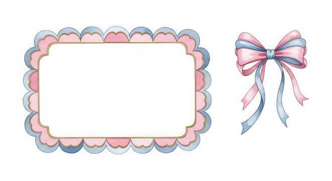 A decorative rectangular frame with scalloped edges paired with a dainty pastel ribbon bow
