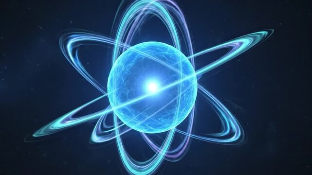 Glowing blue atom with orbiting electrons.