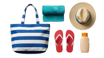 An overhead photograph displaying a collection of beach day essentials, including bag, towel, hat, and sandals. © AbdulWaheed