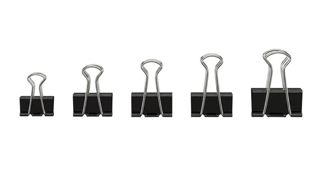 Five black metal binder clips in ascending sizes, neatly arranged, with shiny silver handles, isolated on transparent.