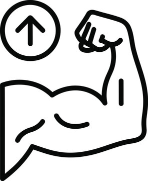 A black and white line art icon depicting a muscular arm flexing with an upward pointing arrow