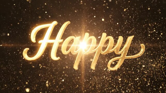 Golden 'Happy' word in script font with sparkling glow